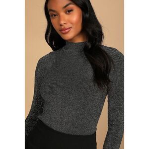 NWT Lulus Bringing The Party Black And Silver Mock Neck Long Sleeve Top - Size M